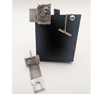 Mens Vintage Tuxedo Cufflink and Stud Set Silver Tone Pearl Inlay Art Deco Style